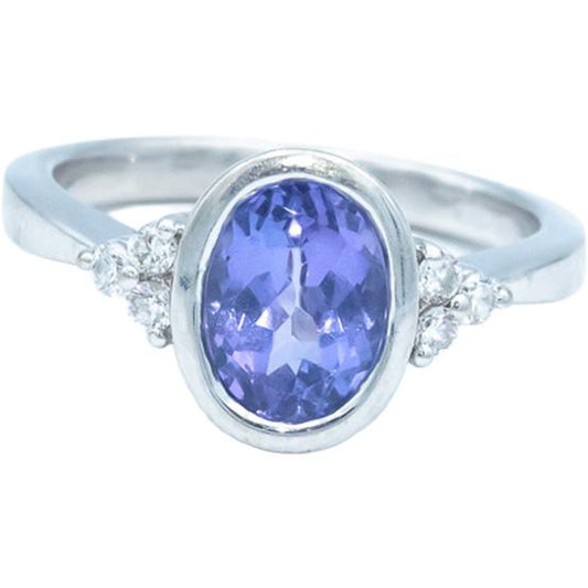 14k White Gold 1.10CT Round Cut Diamond & Oval Cut Tanzanite Ring Size 5.25