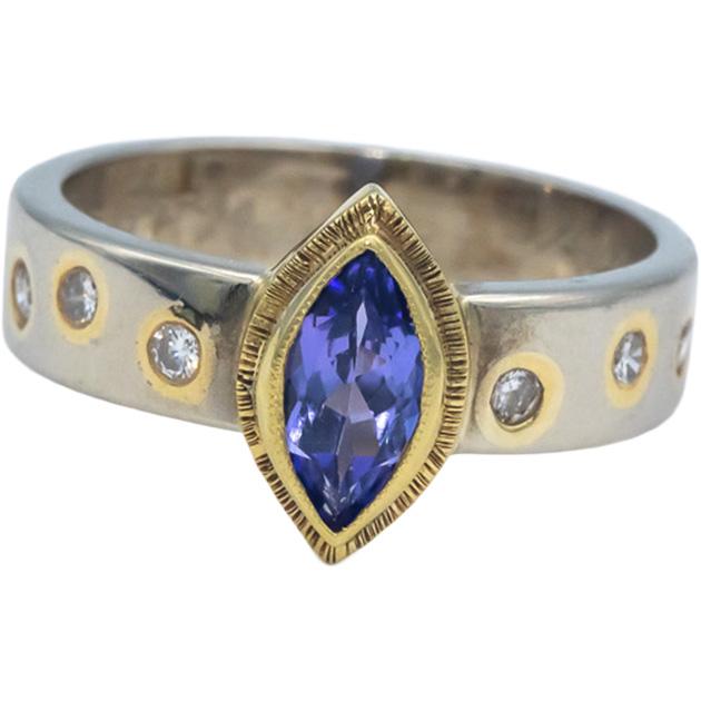 18k & 14k Yellow and White Gold 0.60CT Diamond and Tanzanite Ring Size 6.5