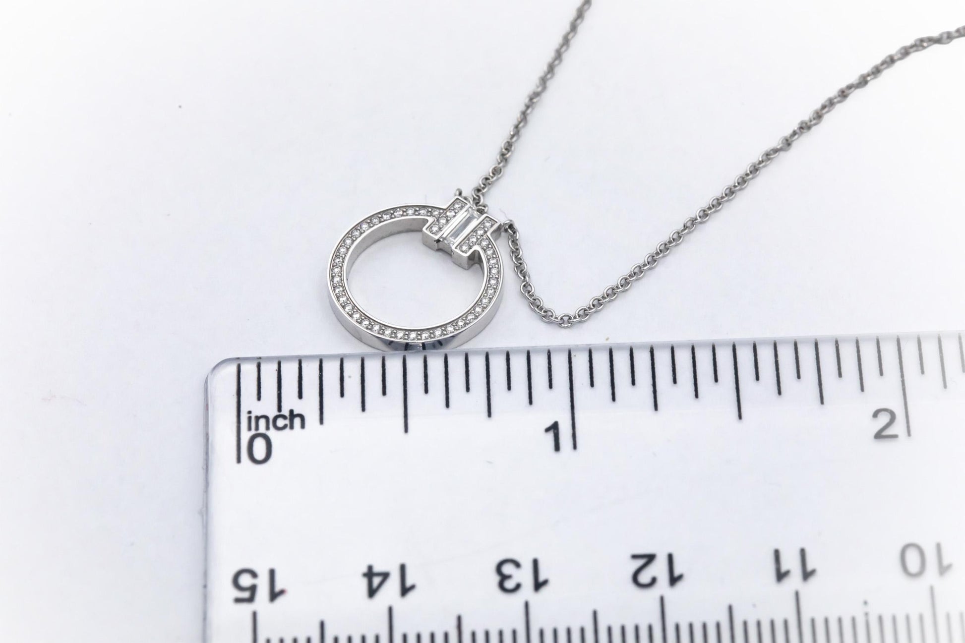 TIFFANY & CO. 18k White Gold 0.15CT Diamond T Circle Pendant Necklace $4800