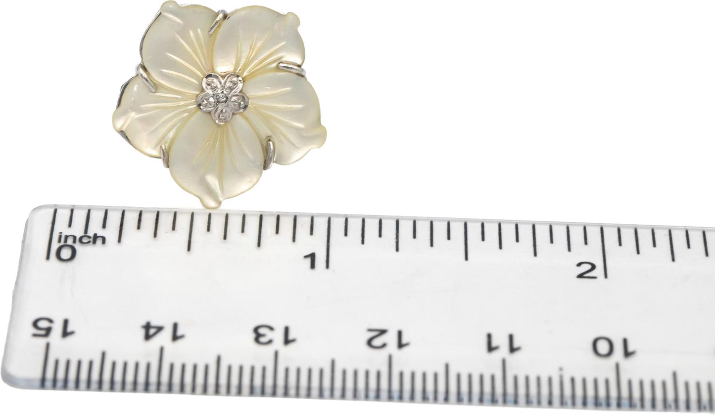 14k White Gold Carved Mother of Pearl Flower Ring w/ Diamond Accents Size 7