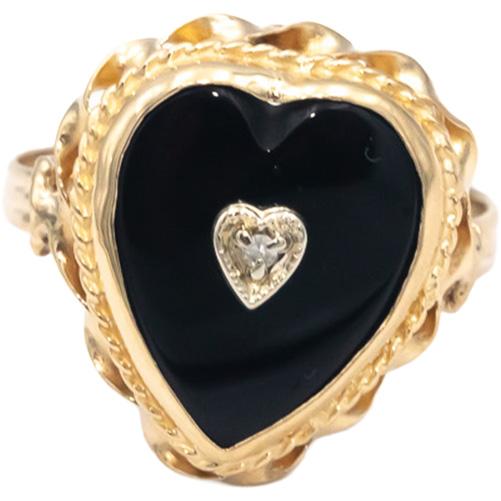 Black Onyx 10k Yellow Gold Heart Cocktail Ring Size 5.75 w/ Diamond Accent