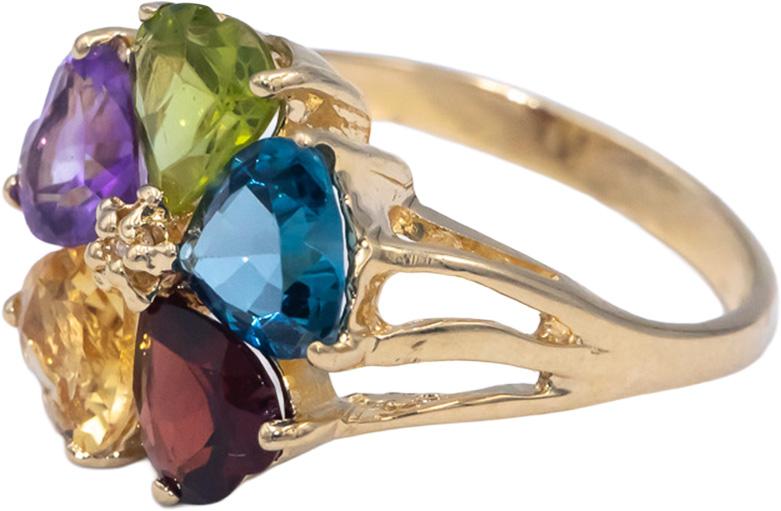 14k Yellow Gold Heart Cut Rainbow Gemstone Flower Ring w/ Diamond Accent 4.0CT