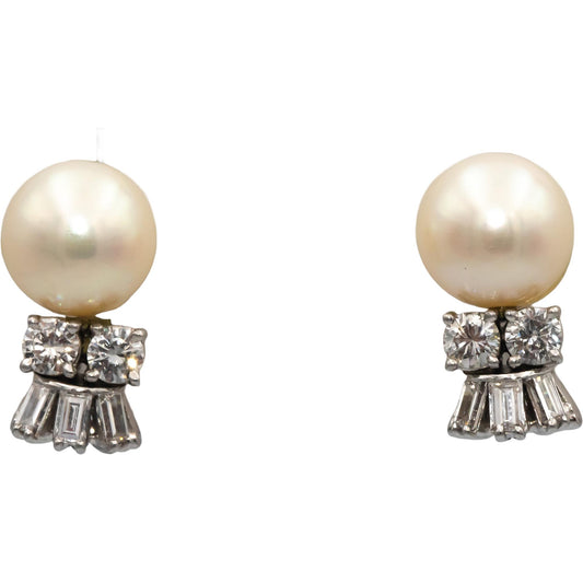 14k White Gold VS Round & Baguette Diamond 9.5mm Pearl Stud Earrings 1.0CT