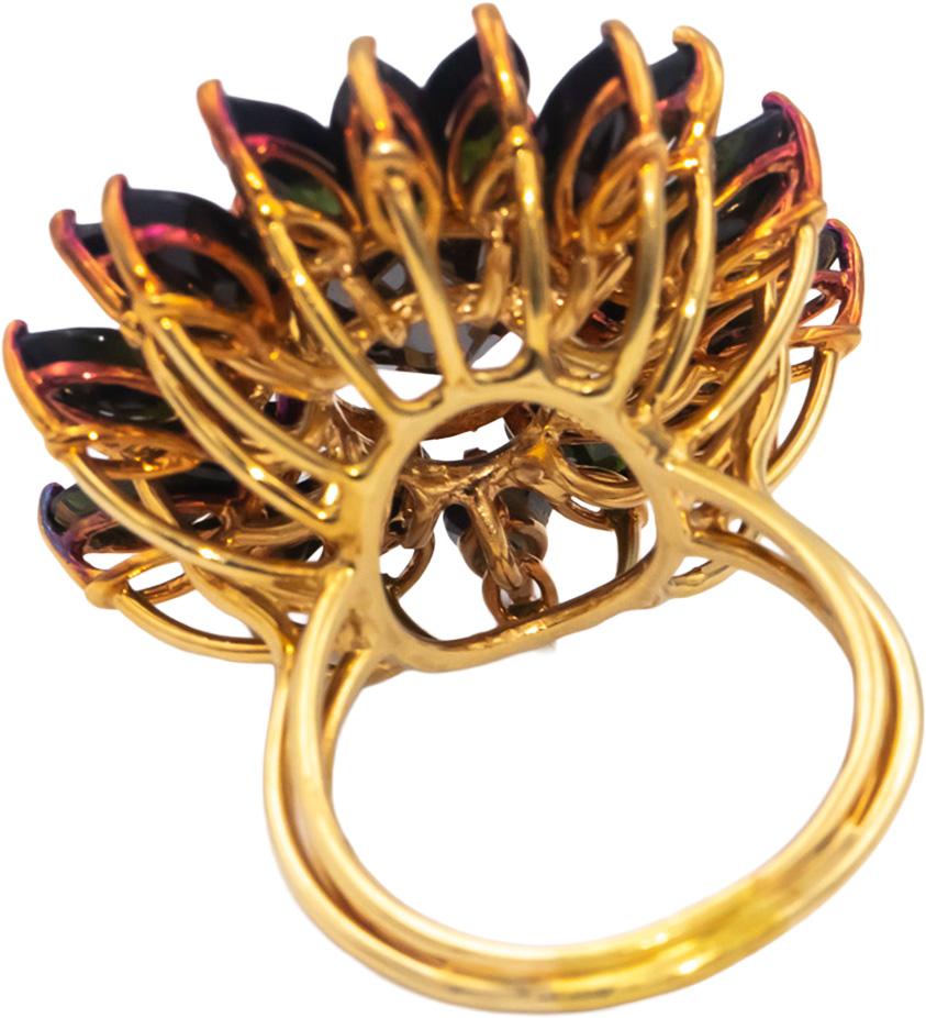 18k Yellow Gold Black Diamond & Green Tourmaline Flower Ring 21.0CTW Size 9
