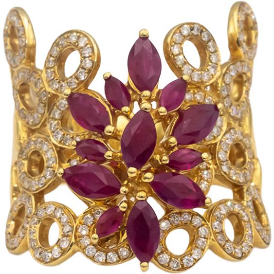 18k Yellow Gold VS Round Diamond Marquise Ruby Floral Cocktail Ring 1.65CT Sz. 7
