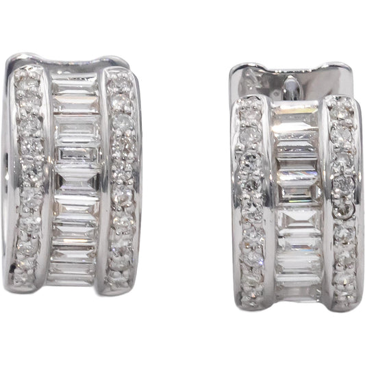 14k White Gold VS Round & Emerald Cut Diamond Hoop Huggie Earrings 1.0CT