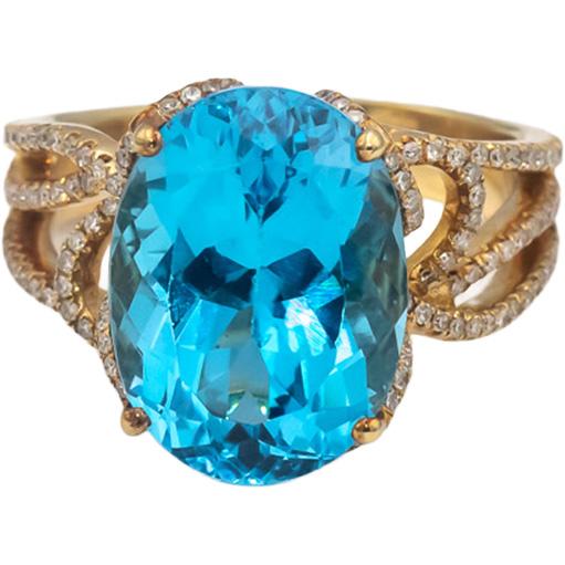 14k Yellow Gold Oval Blue Topaz and Round Diamond Cocktail Ring 13.20CT Size 9
