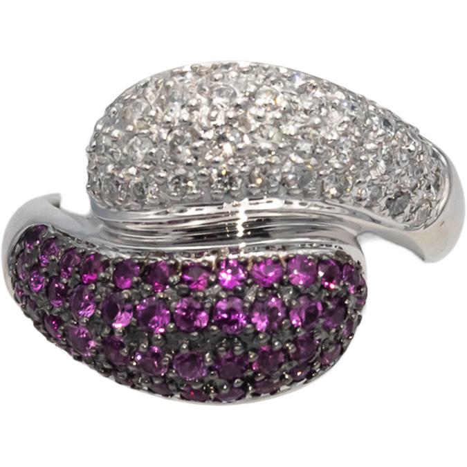 14k White Gold Round Diamond & Ruby Cluster By Pass Ring 1.0CT Size 6.75