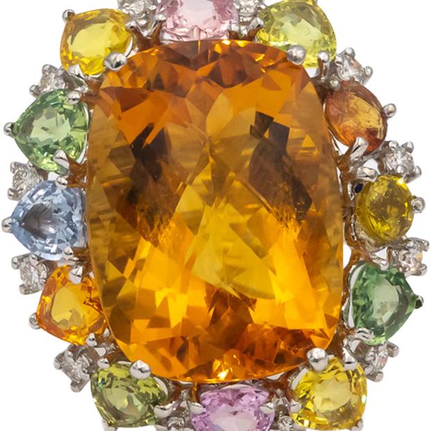 18k White Gold Citrine Diamond Rainbow Sapphire Cocktail Ring 27.45CTW Size 8