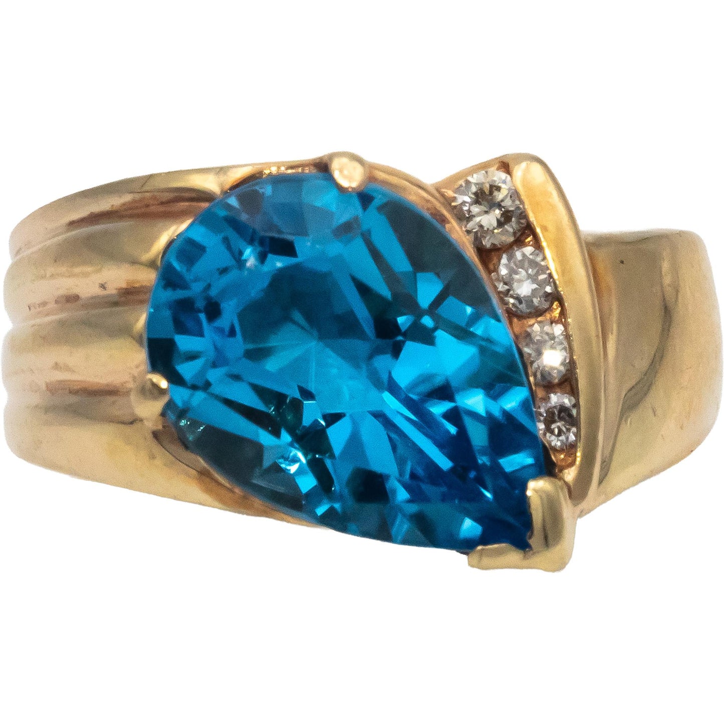 14k Yellow Gold Pear Cut Blue Topaz Round Diamond Cocktail Ring 3.08CT Size 5.25