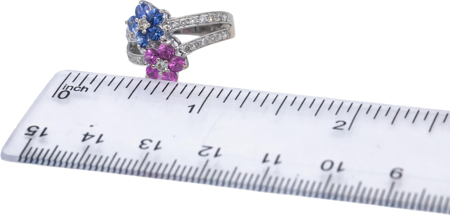 18k White Gold Diamond Pink & Blue Sapphire Flower Ring 1.45CT Size 5