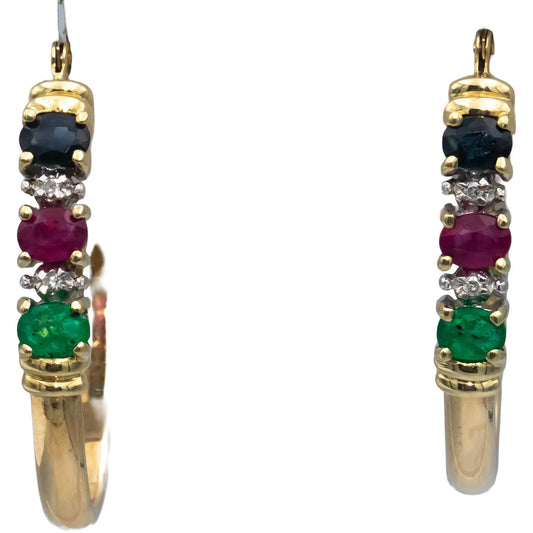 10k Yellow Gold Diamond Ruby Emerald Sapphire Oval Hoop Earrings 1.54CTW