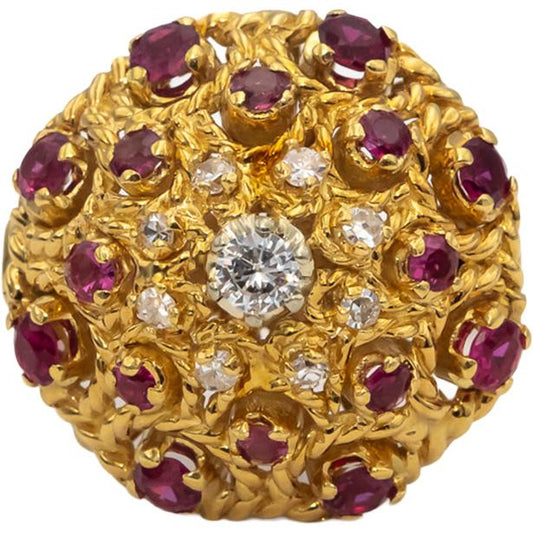 18k Yellow Gold VS Diamond and Ruby Dome Ring 0.90CTW Size 5.25