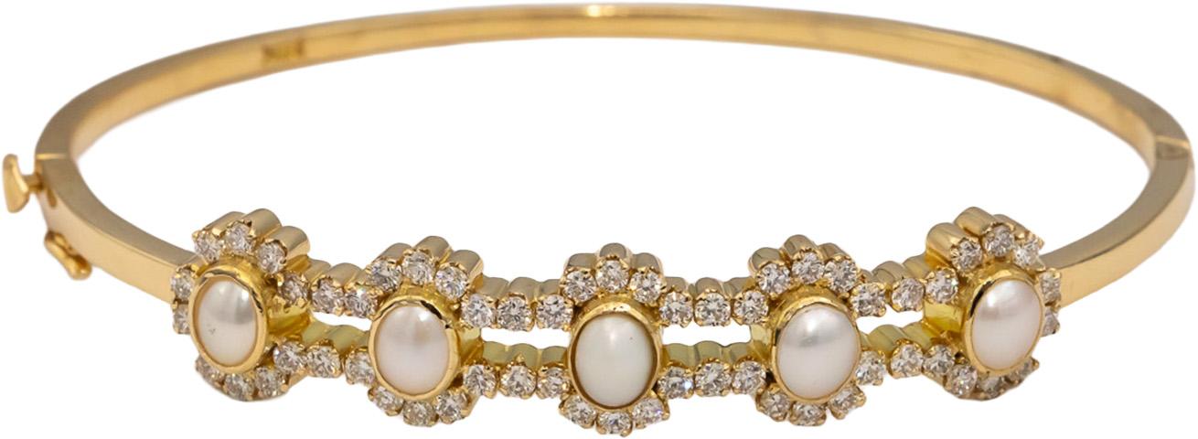 18k Yellow Gold VS Diamond and Mabe Pearl Bangle Bracelet 1.25CT