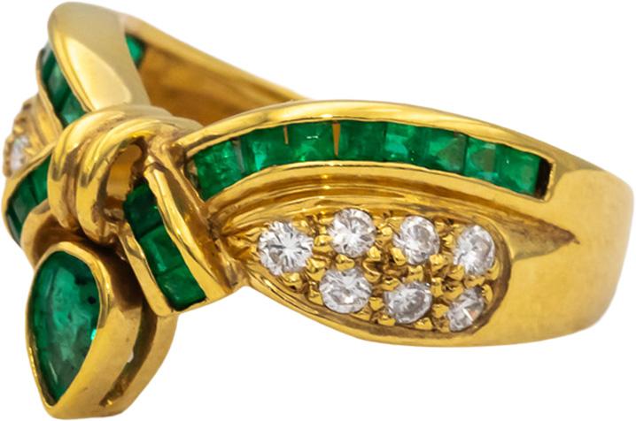 18k Yellow Gold Diamond and Emerald Ribbon Cocktail Ring 0.80CT Size 7