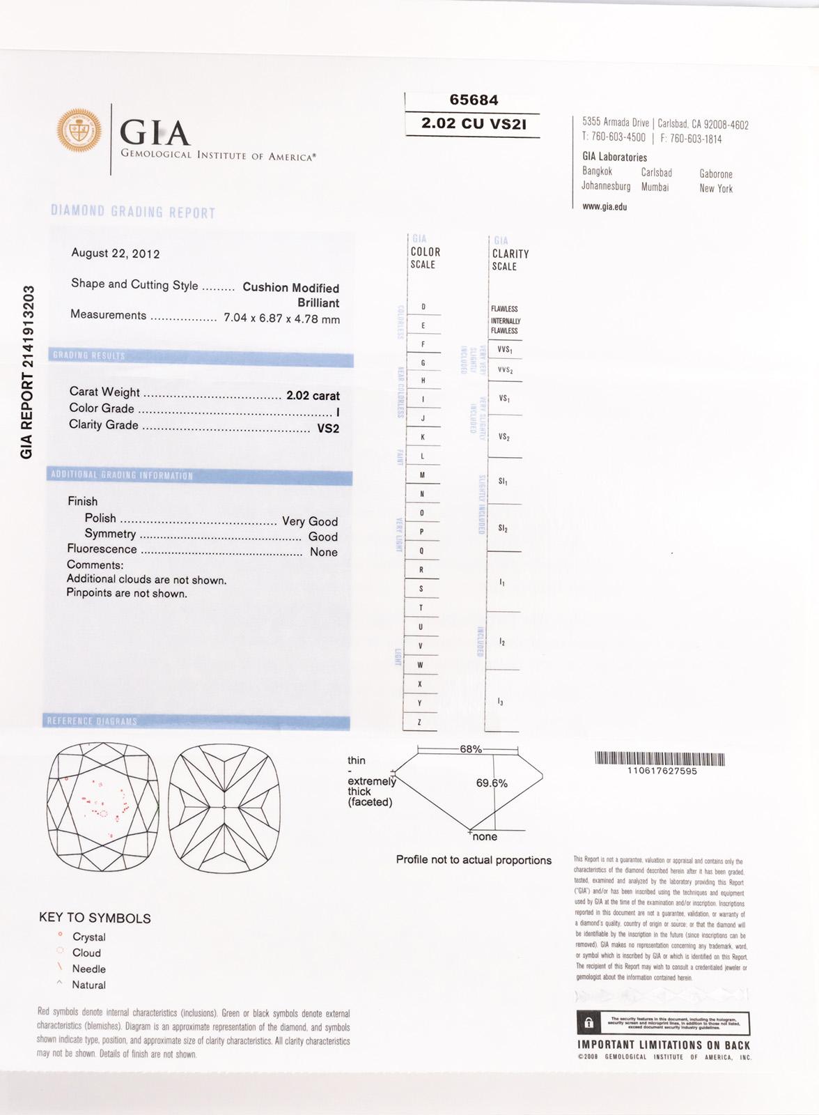 GIA Certified VS2/I Cushion Cut Diamond Loose Stone 2.02CT