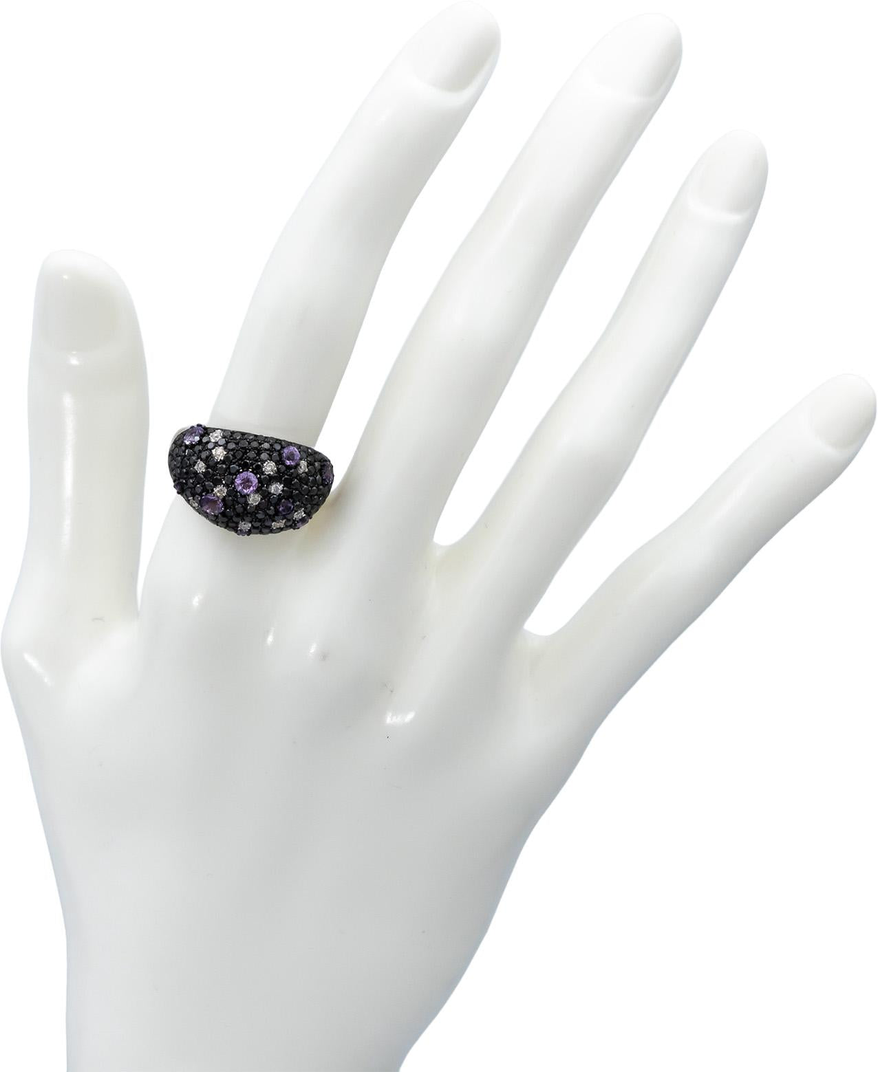 14k White Gold Round Black & White Diamond Amethyst Cluster Ring 1.0CTW Size 6.5