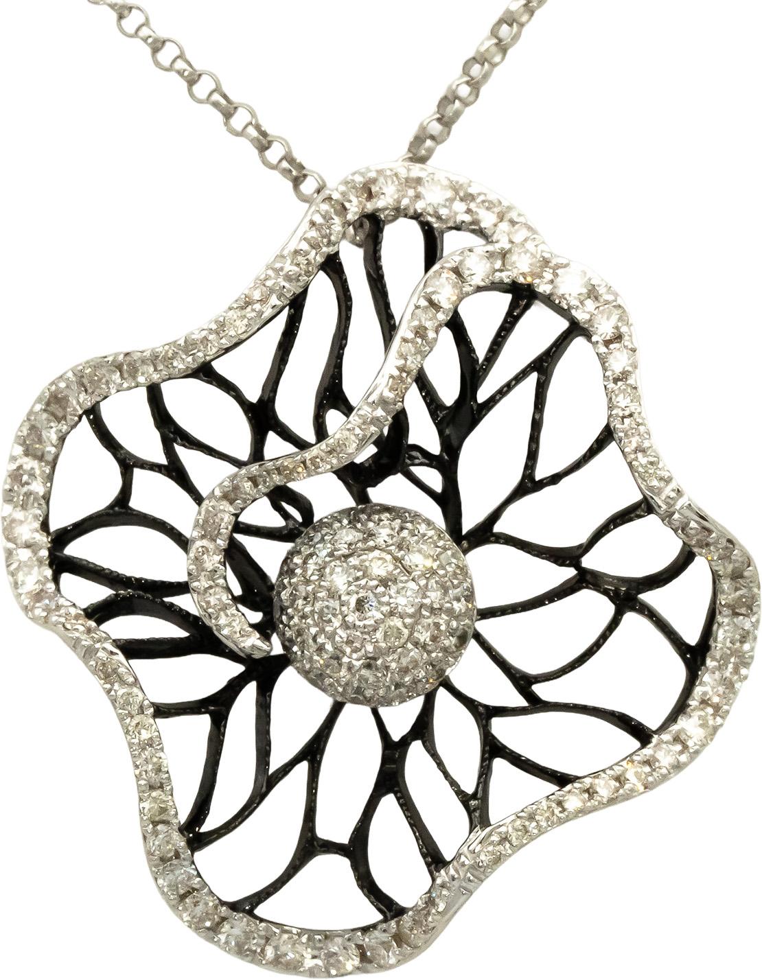 14k White Gold & Rhodium Diamond Cluster Abstract Flower Pendant Necklace 1.0CT