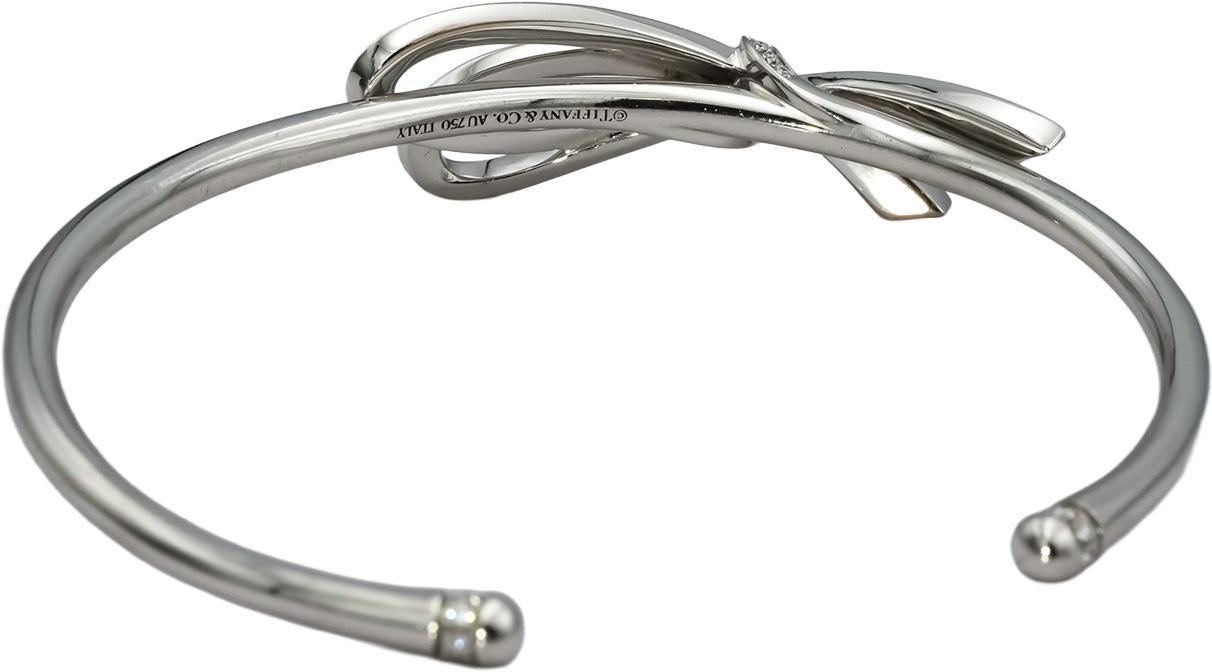 TIFFANY & CO. 18k White Gold VS Round Diamond Bow Cuff Bracelet 0.82CT w/ Pouch