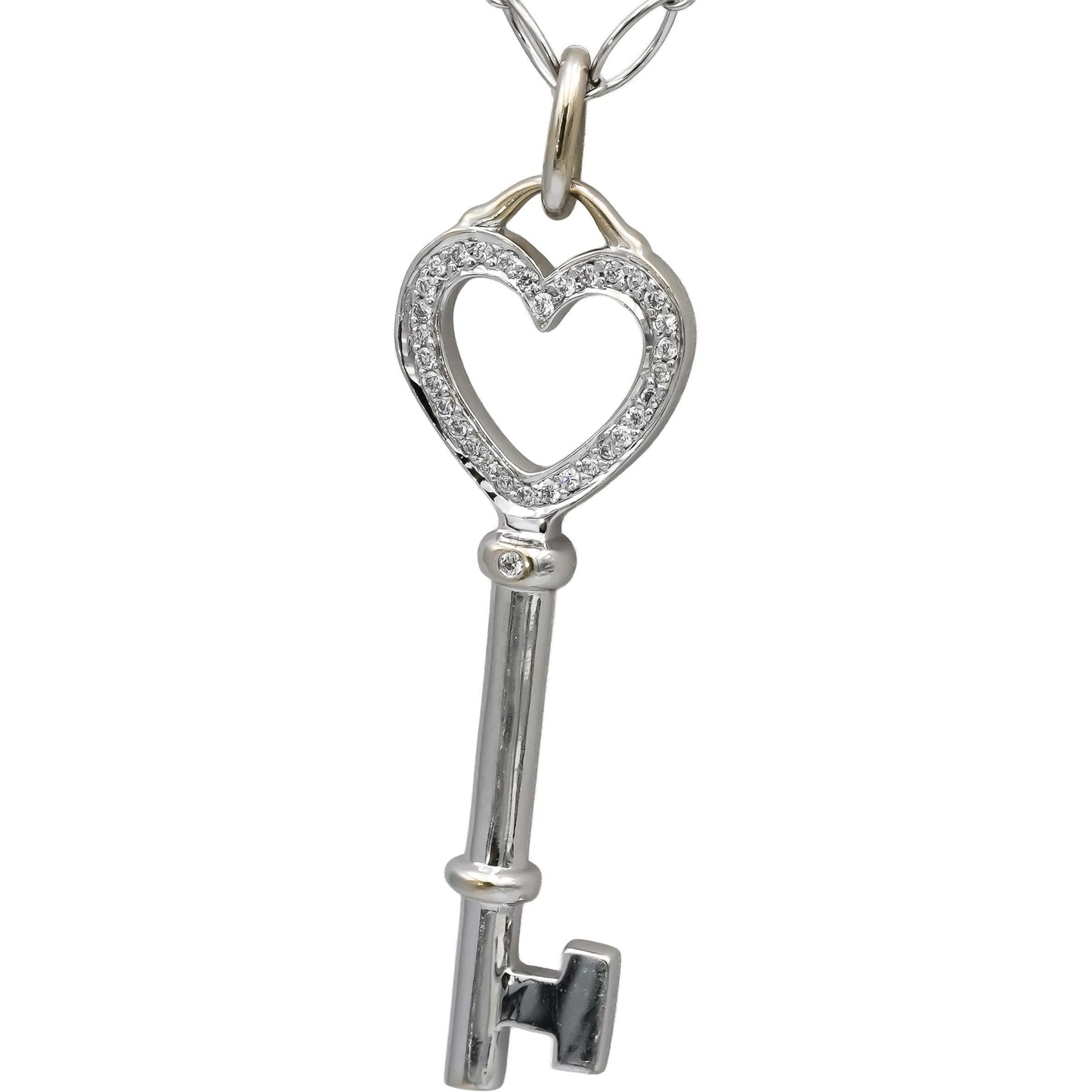TIFFANY & CO. 18k White Gold Round Diamond Heart Key Pendant Necklace 0.13CT