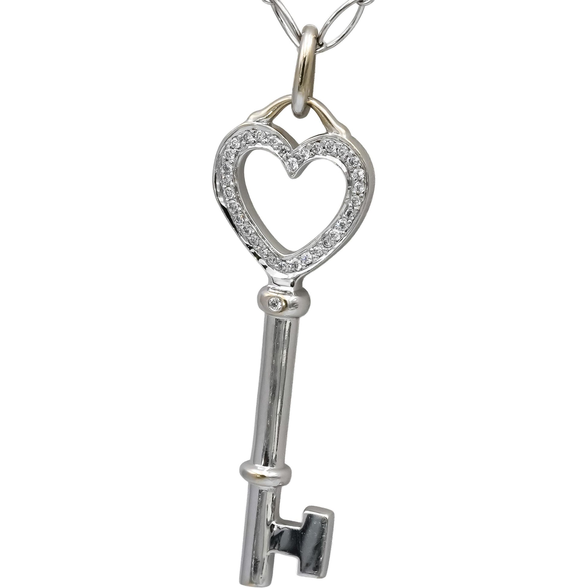 TIFFANY & CO. 18k White Gold Round Diamond Heart Key Pendant Necklace 0.13CT