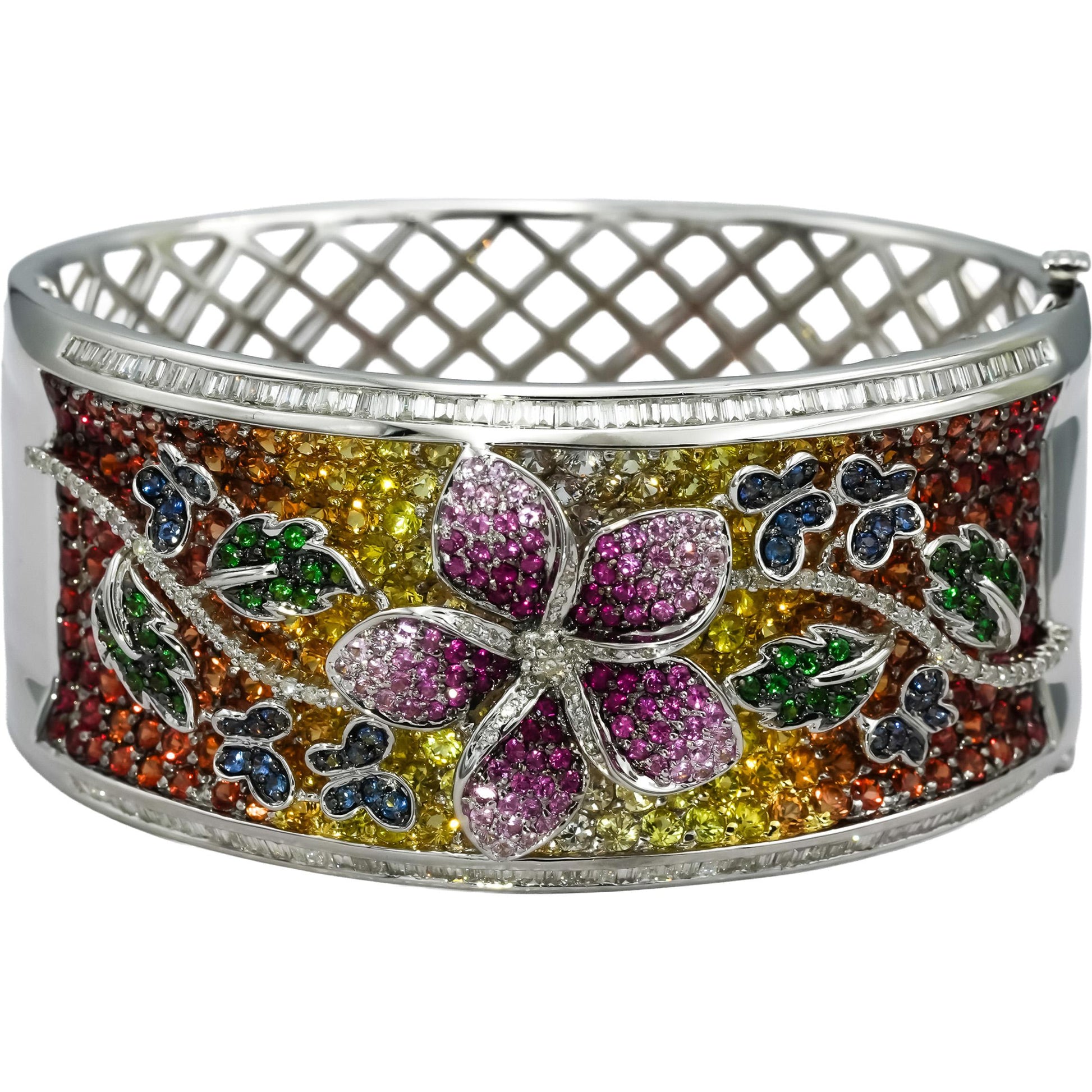 18k White Gold Diamond Multi Color Gemstone Floral Wide Bangle Bracelet 12.50CT