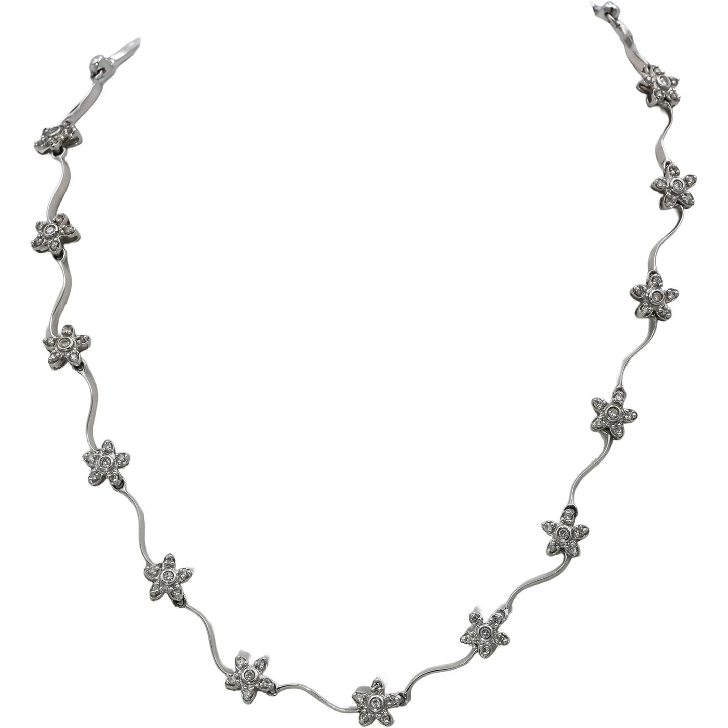 14k White Gold Round Diamond Flower Wavy Link Necklace 1.0CT