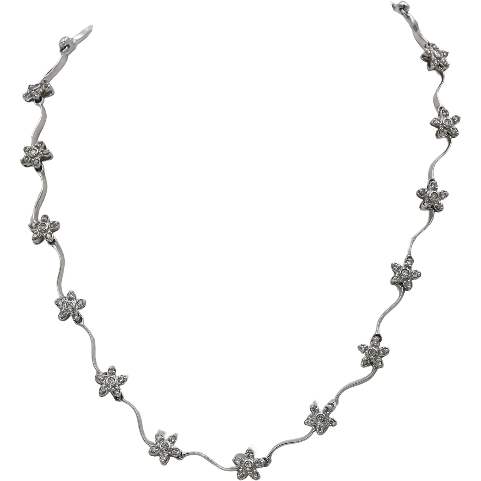 14k White Gold Round Diamond Flower Wavy Link Necklace 1.0CT