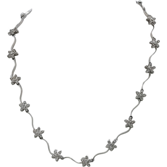 14k White Gold Round Diamond Flower Wavy Link Necklace 1.0CT