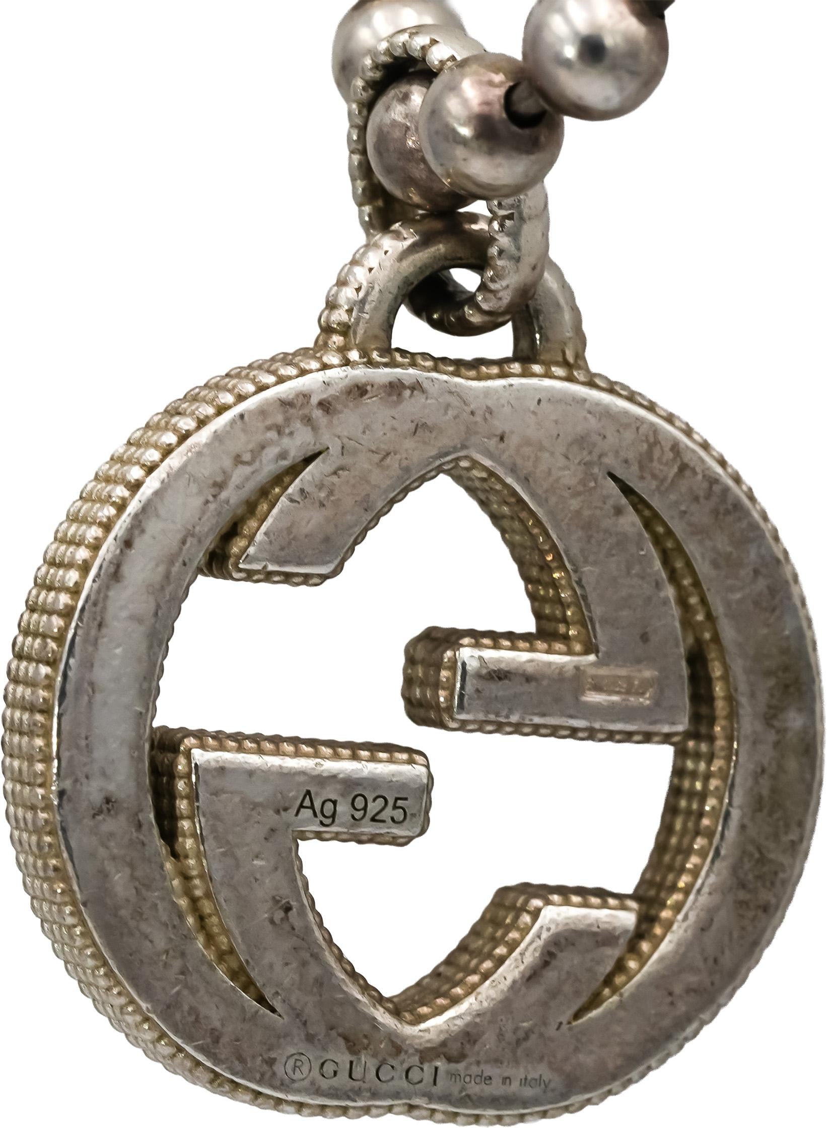 GUCCI Sterling Silver Interlocking G Pendant Beaded Necklace w/ Box