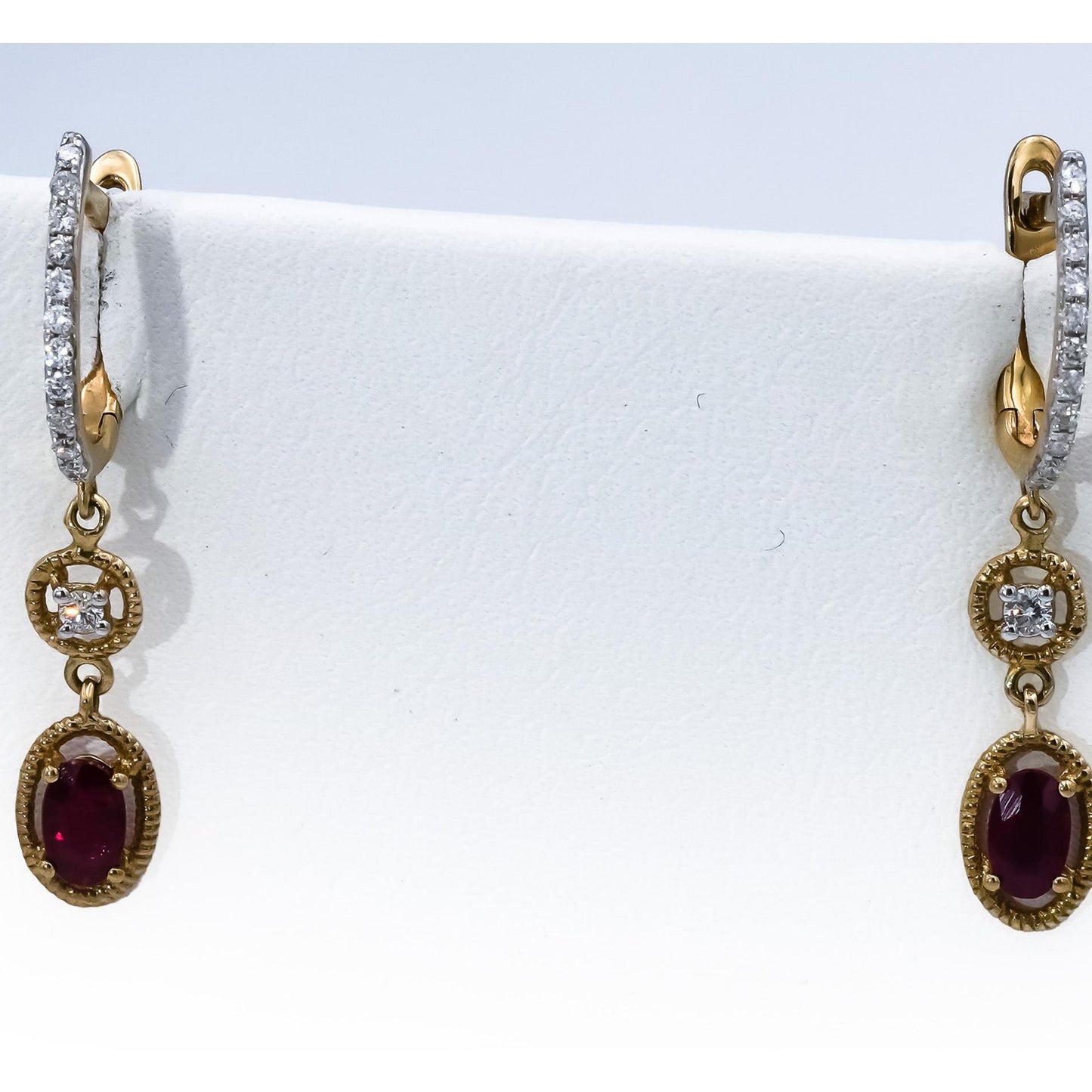 Designer Signed 9k Yellow Gold Diamond and Ruby Dangle Earrings 0.65CT