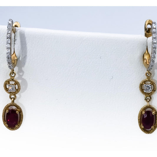 Designer Signed 9k Yellow Gold Diamond and Ruby Dangle Earrings 0.65CT