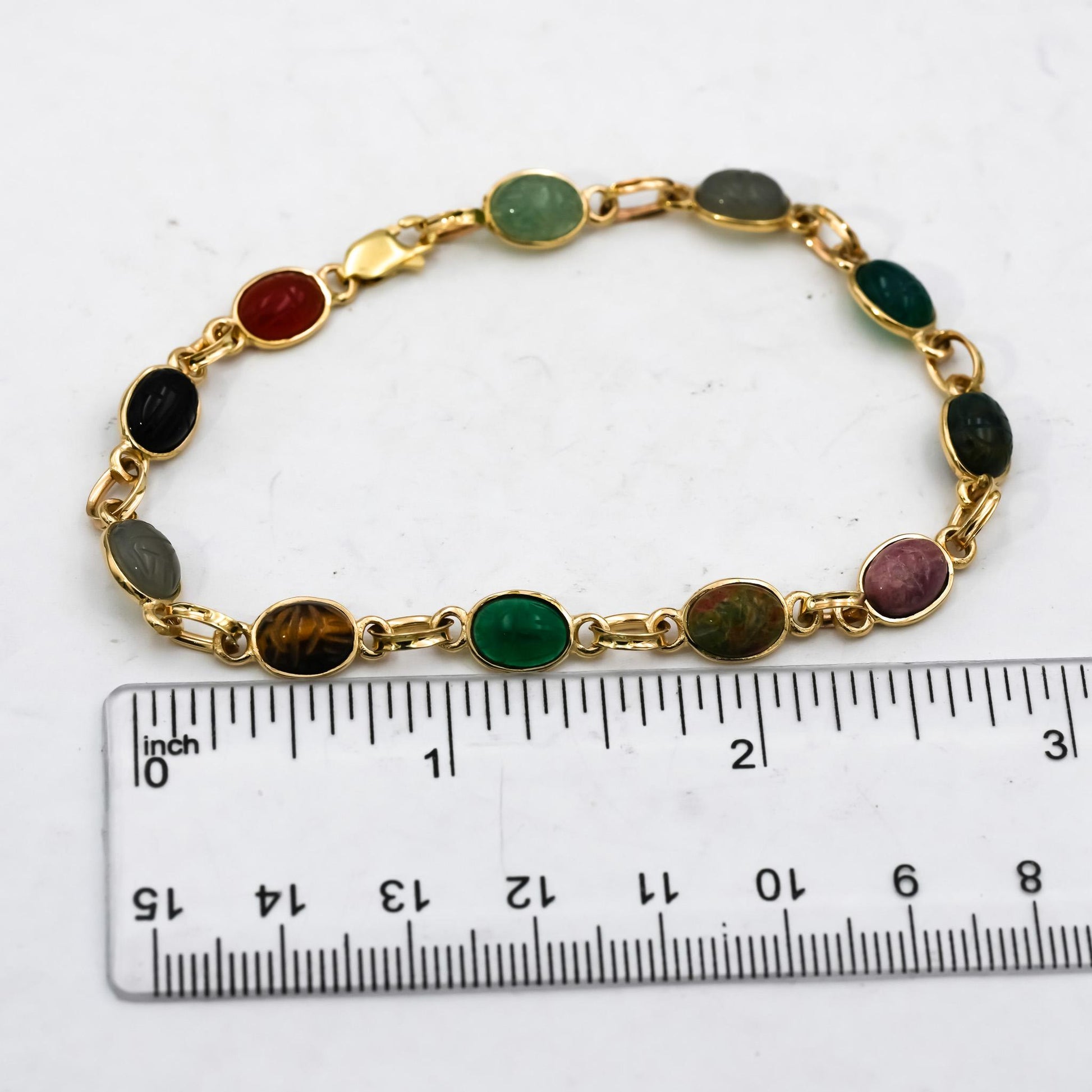 14k Yellow Gold Carved Scarab Multi Color Gemstone Bracelet