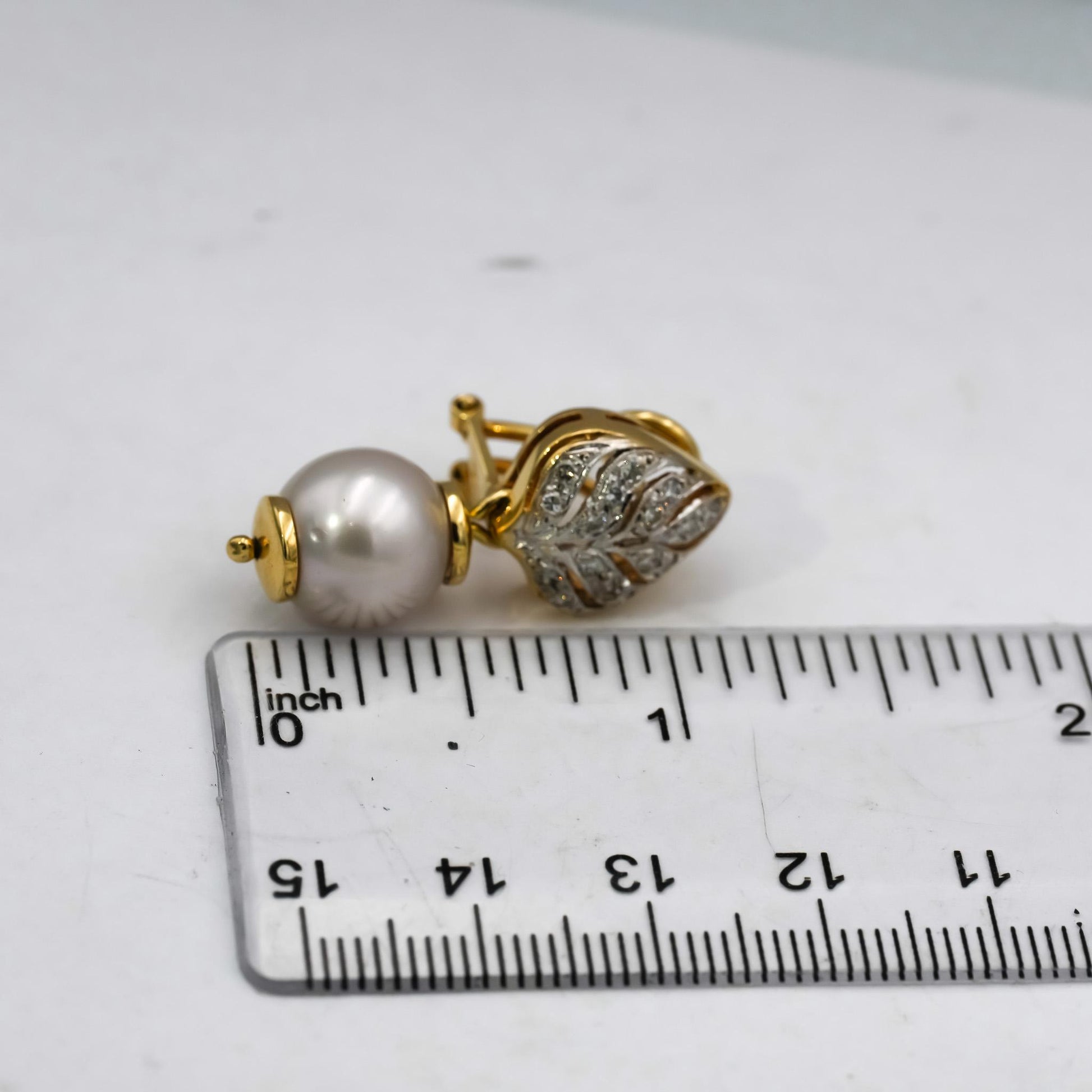 18k Yellow & White Gold Diamond and 11mm Pearl Dangle Floral Earrings 0.50CT