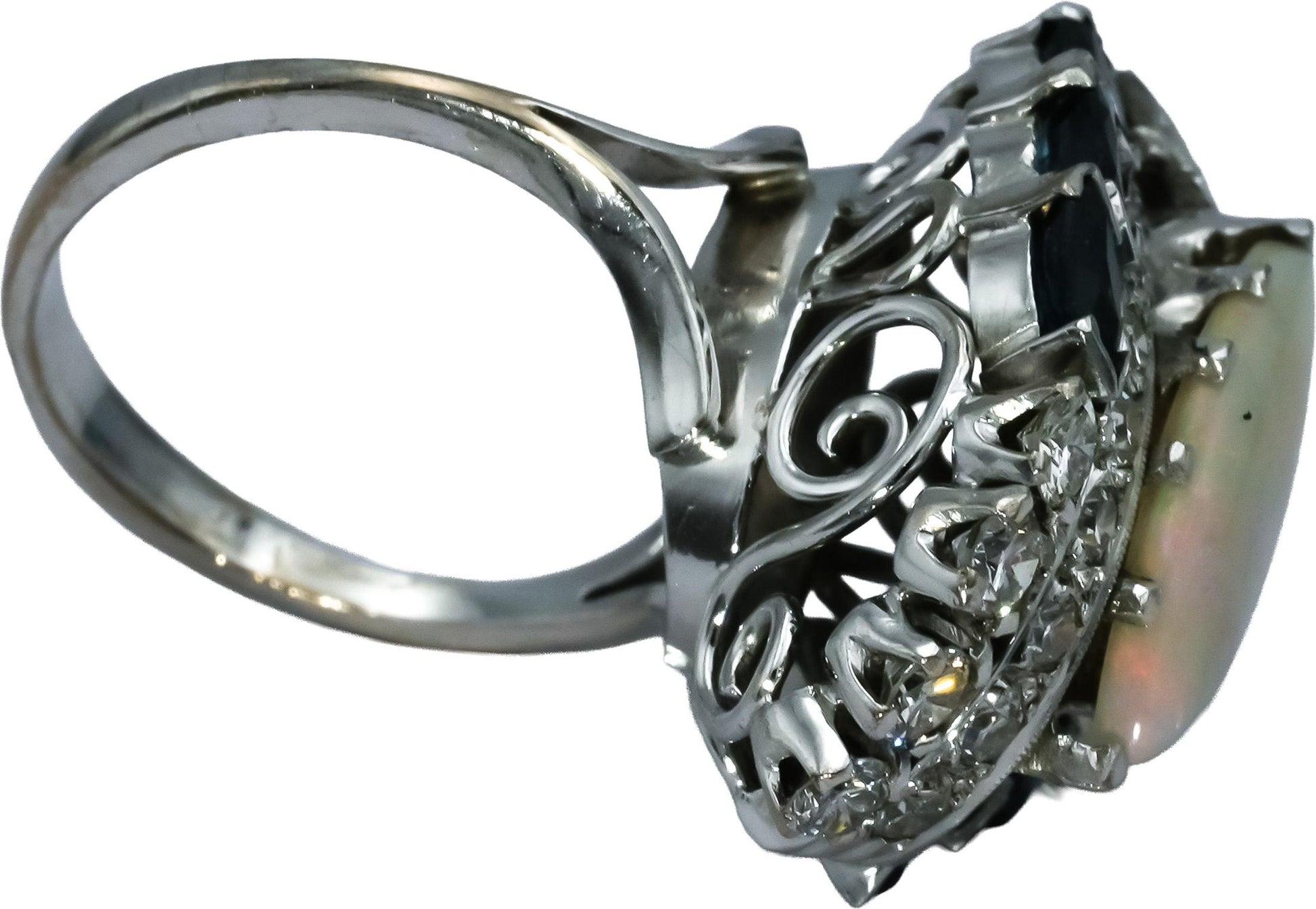 Antique Vintage 14k White Gold Diamond Opal Sapphire Ring 3.35CT Size 5.75