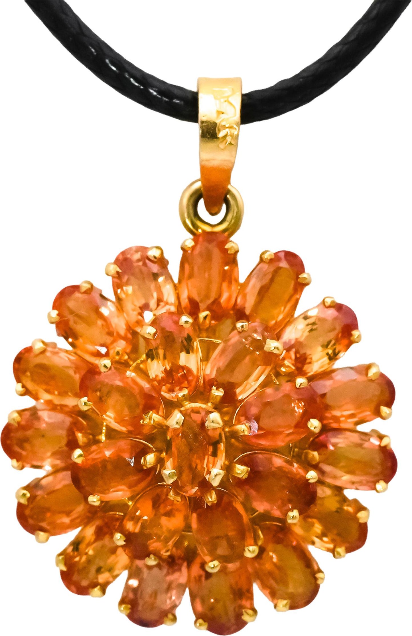 14k Yellow Gold Orange Sapphire Cluster Floral Pendant Necklace 5.0CT