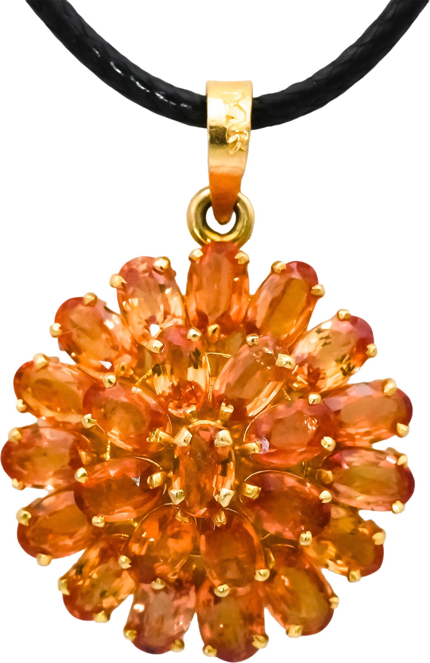 14k Yellow Gold Orange Sapphire Cluster Floral Pendant Necklace 5.0CT