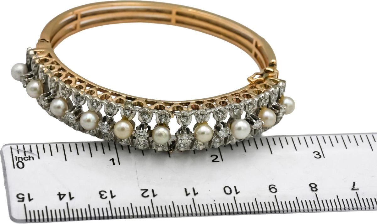 Vintage Antique 14k Yellow Gold Diamond and Pearl Bangle Bracelet 1.50CT