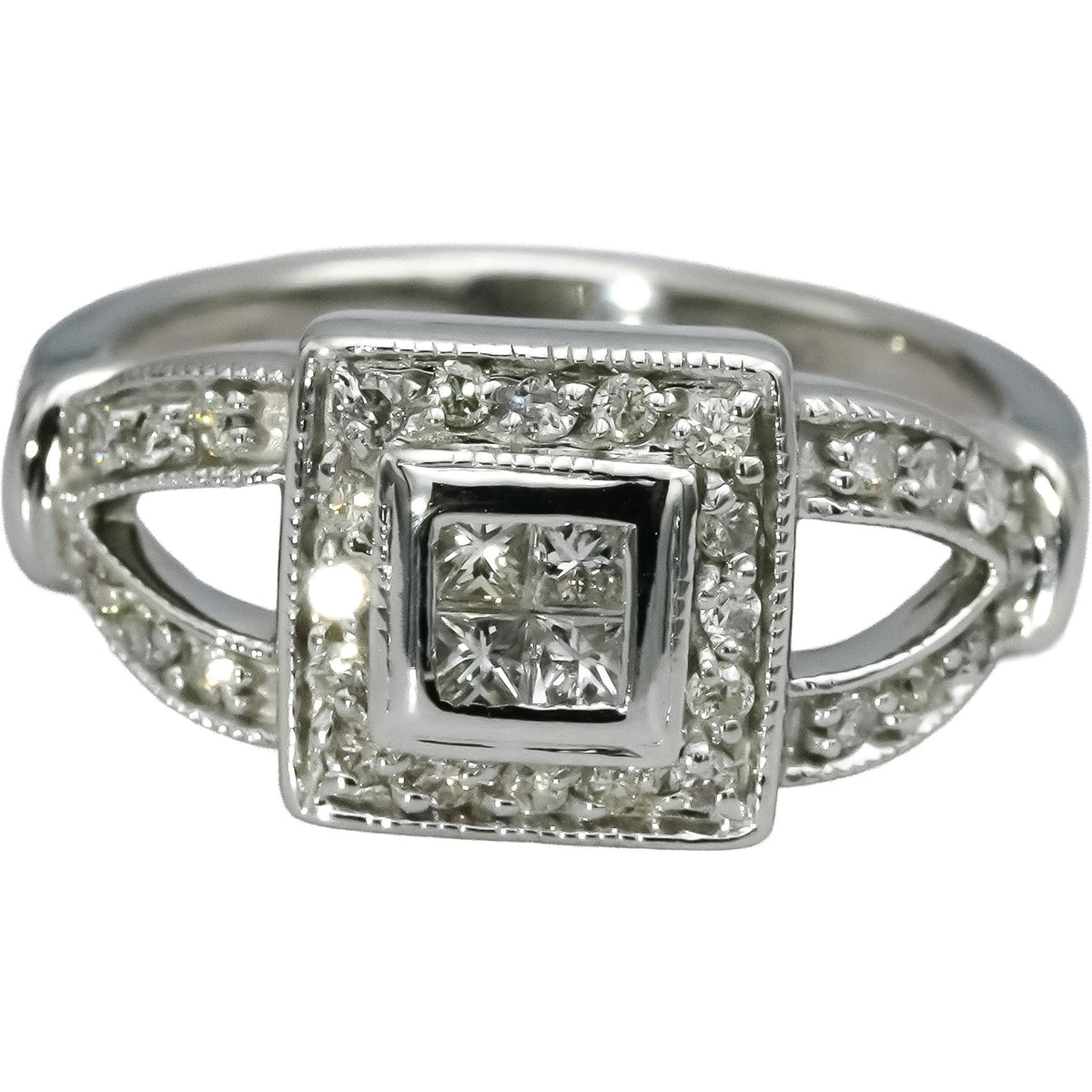 14k White Gold Princess and Round Diamond Cocktail Ring 0.50CT Size 6.5