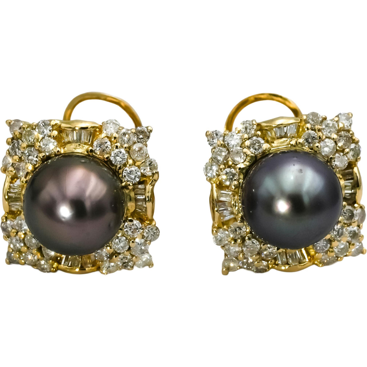 18k Yellow Gold Diamond and 11.0mm Black Tahitian Pearl Stud Earrings 2.50CT
