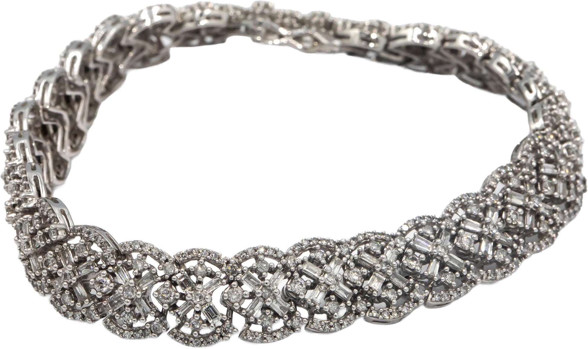 14k White Gold Round and Baguette Cut Diamond Fancy Link Bracelet 5.0CT