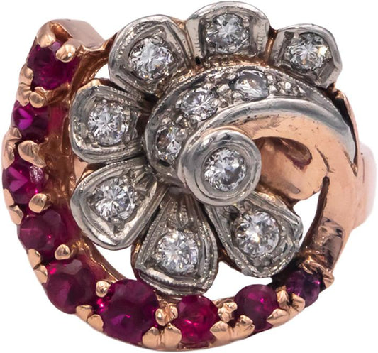 Retro Vintage 14k Rose Gold 1.50CT Diamond and Synthetic Ruby Ring Size 6.75