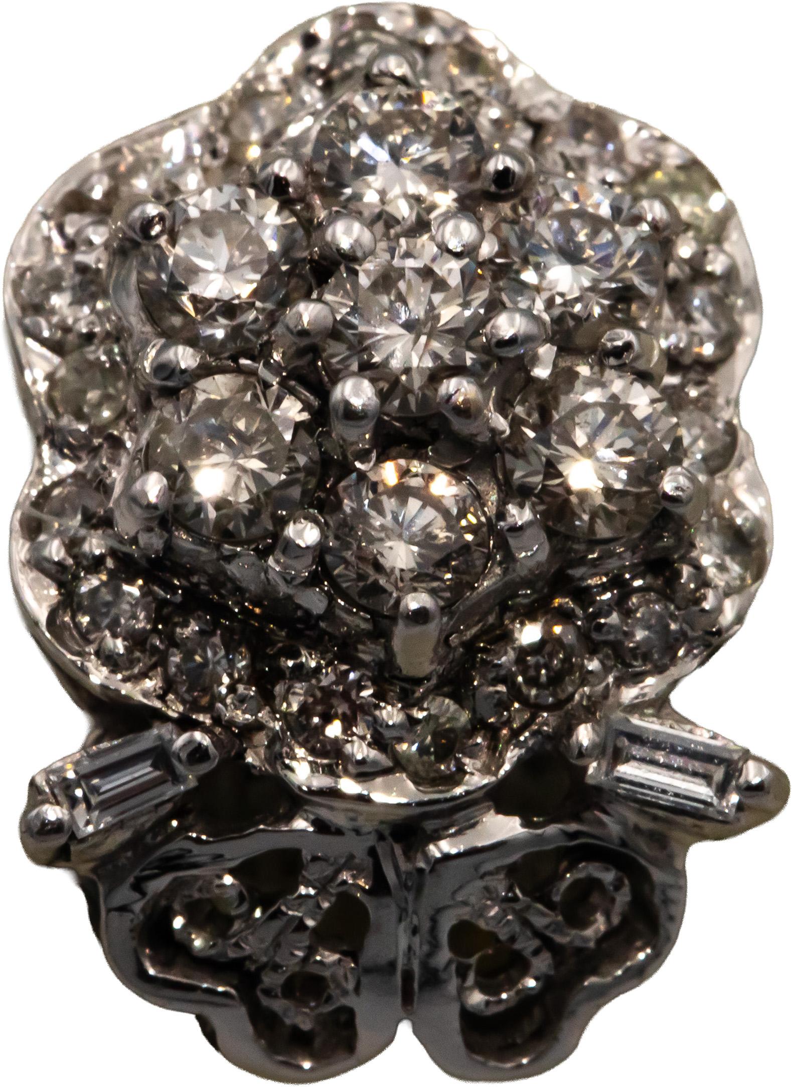 10k White Gold 1.25CT Round and Baguette Cut Diamond Cluster Stud Earrings