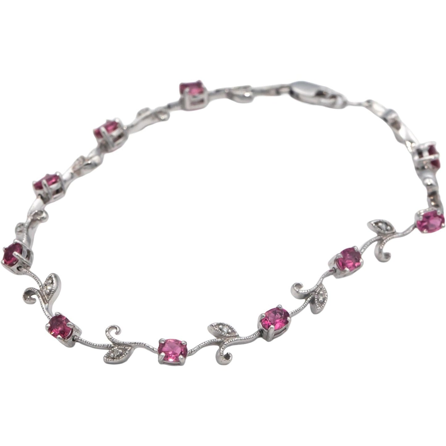 14k White Gold 1.56CT Diamond and Pink Tourmaline Floral Link Bracelet