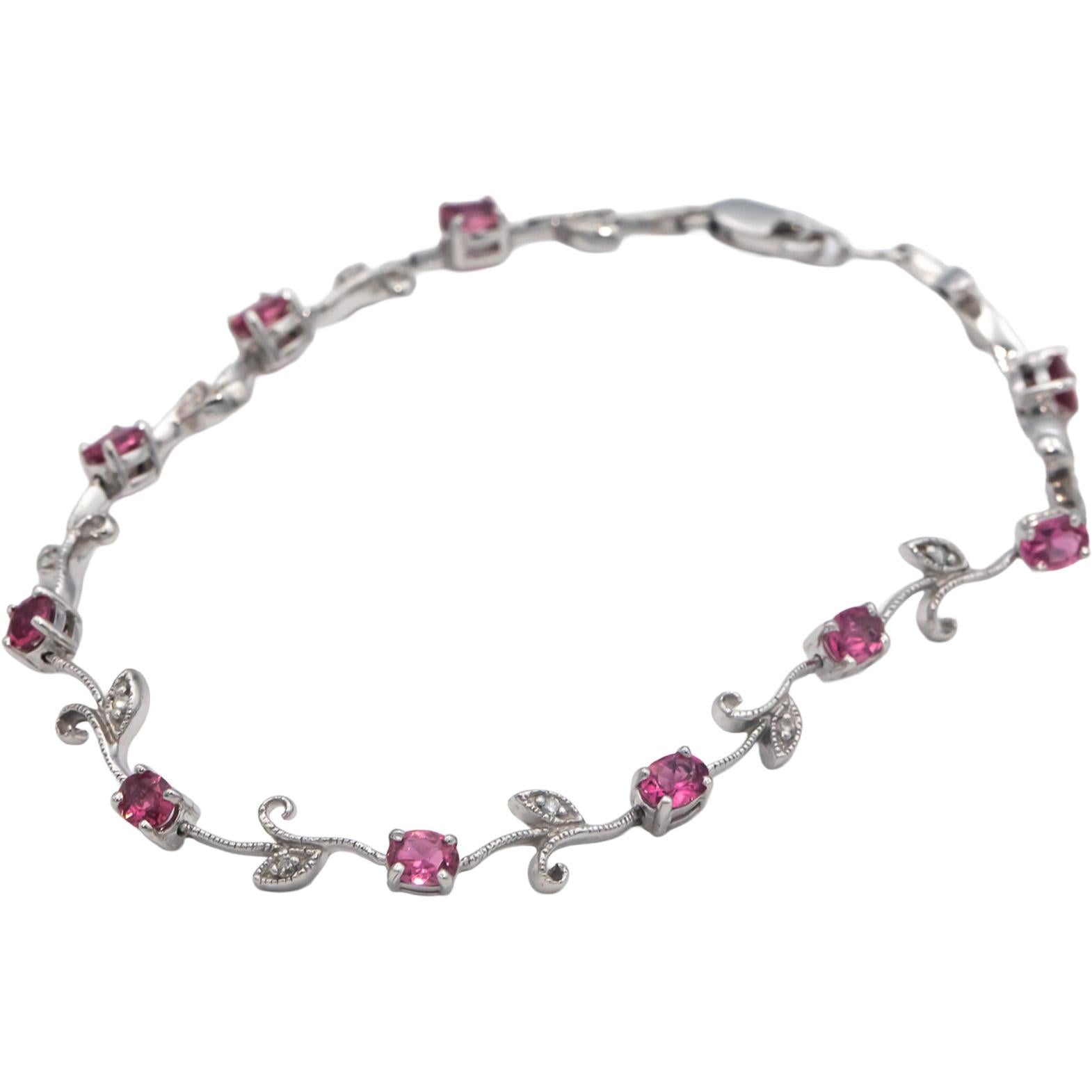 14k White Gold 1.56CT Diamond and Pink Tourmaline Floral Link Bracelet
