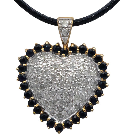10k Yellow White Gold 1.0CT Diamond and Sapphire Cluster Heart Pendant Necklace