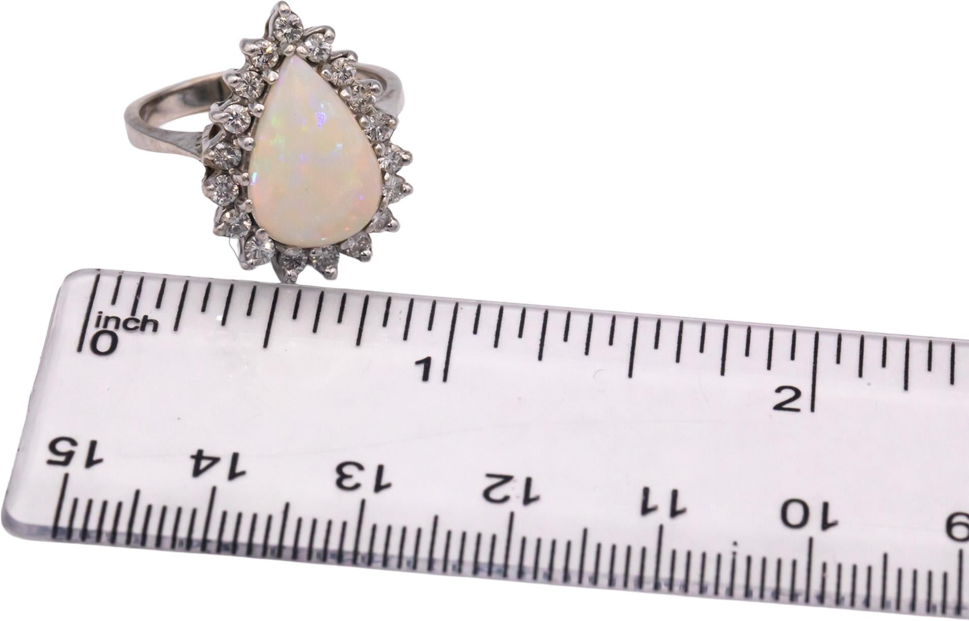 14k White Gold 3.50CT Round Cut Diamond and Cabochon Opal Ring Size 7.75