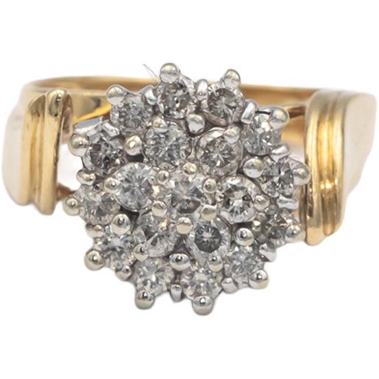 10k White and Yellow Gold Round Diamond Cluster Ring 1.0CT Size 7.25