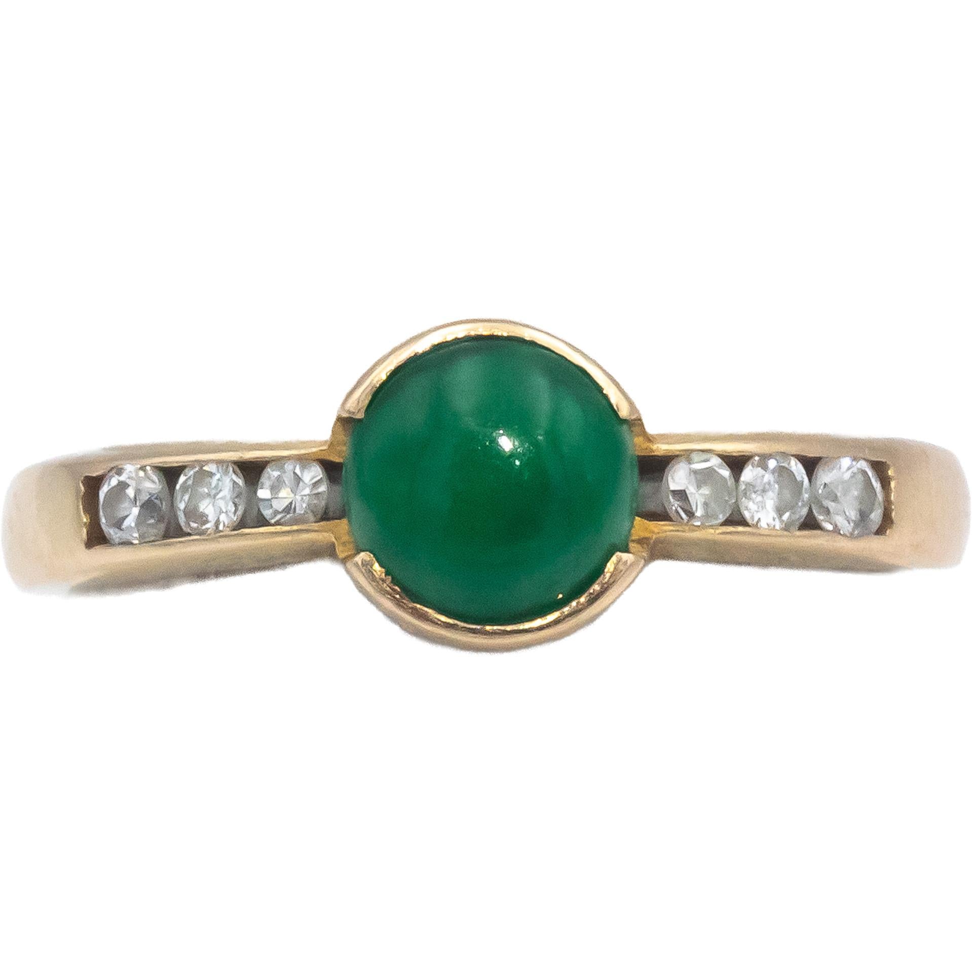 18k Yellow Gold Jewelry 0.10CT Round Diamond and Cabochon Jade Ring Size 4.75