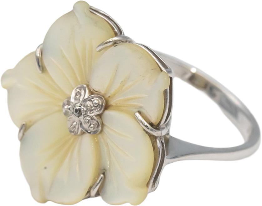 14k White Gold Carved Mother of Pearl Flower Ring w/ Diamond Accents Size 7